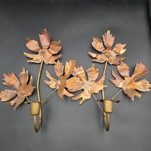 2 VINTAGE BRASS COPPER MAPLE LEAF SCONCES CANDLE HOLDERS MCM